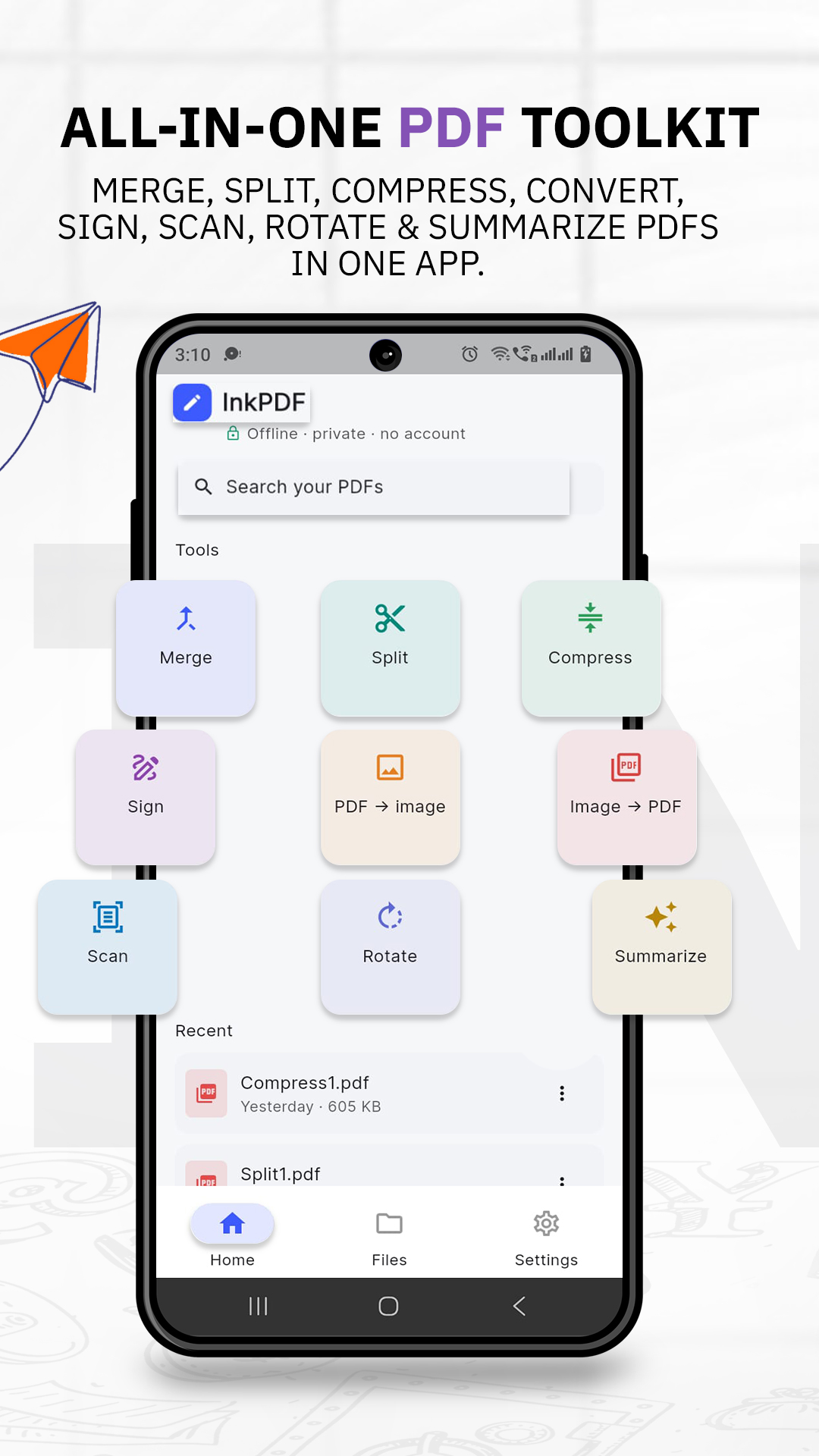 InkPDF home screen with PDF tools